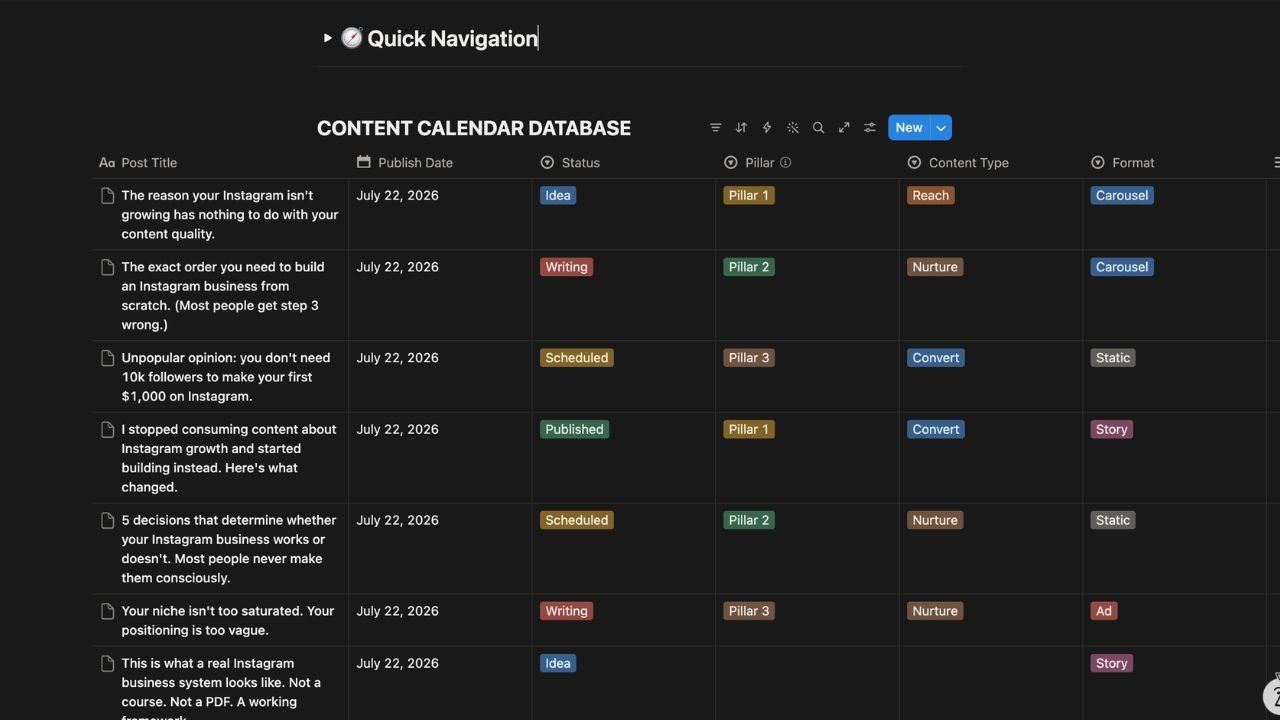 Your content for the next month, planned and organized before you film a single second.