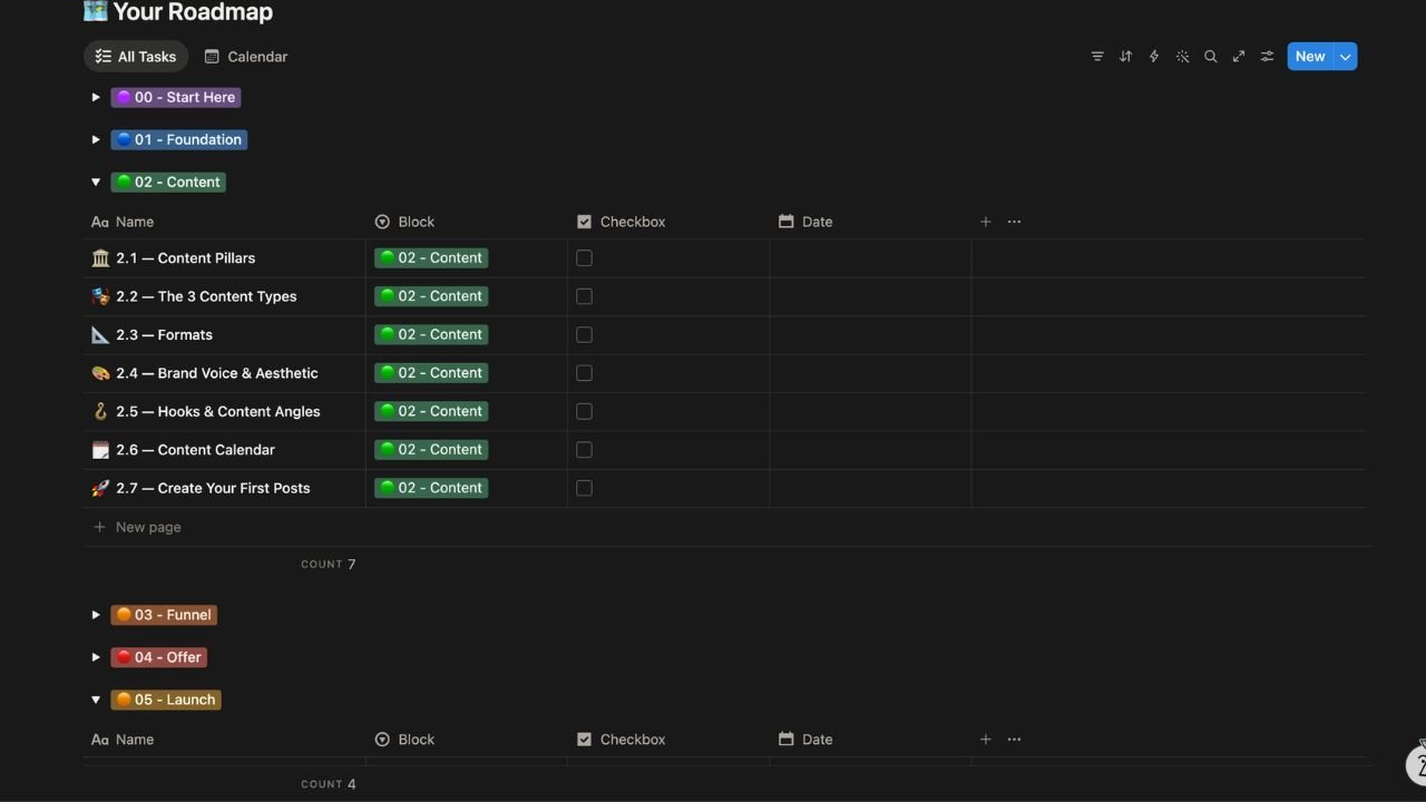 Your entire content system — pillars, formats, hooks, calendar — built inside the same workspace where you run your business.