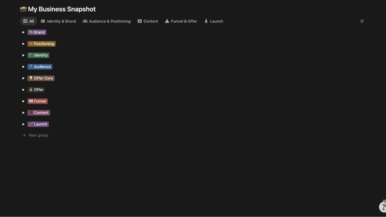 Every decision you make gets stored here. Your niche, your brand, your offer, your funnel — one reference document for your entire business.